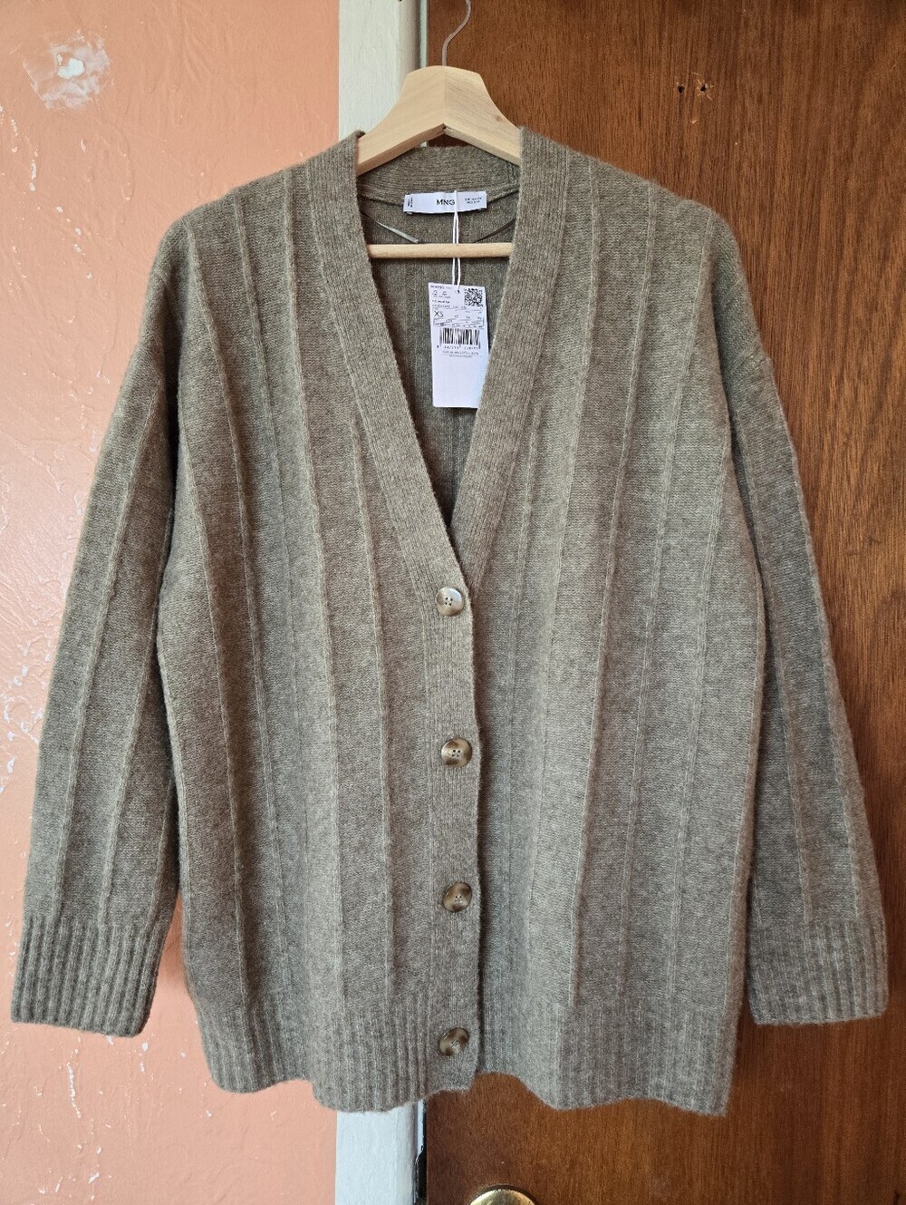 NWT Mango Olive Green Ribbed V-Neck Buttoned Long Cardigan - Picture 2 of 9